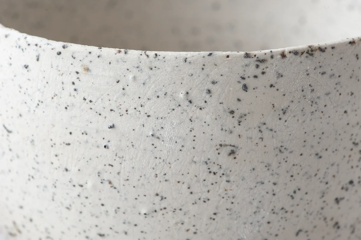 Céramique blanche mouchetée de noir, vue rapprochée