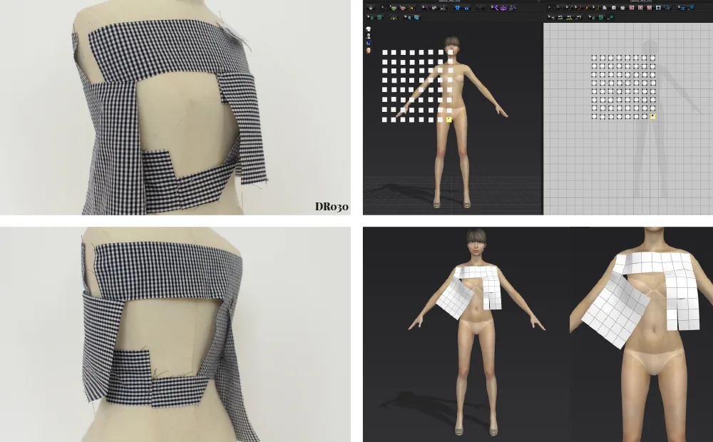 Planche : modules carrés sur buste et modélisation 3D du vêtement