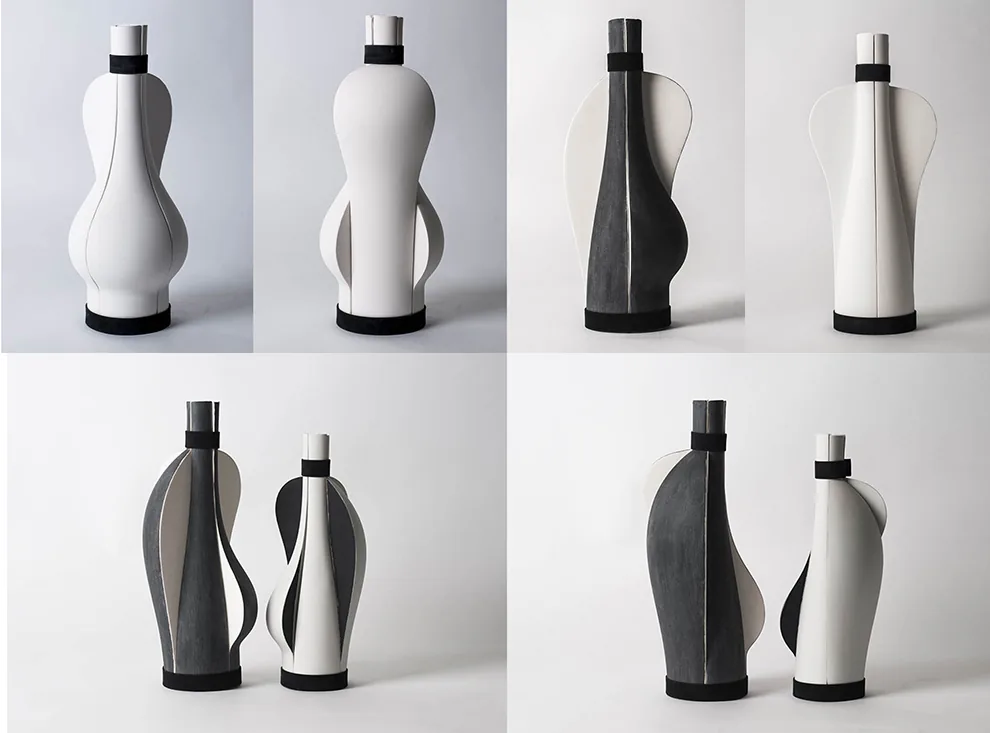 Planche : bouteilles en quarts assemblées, blanc et noir