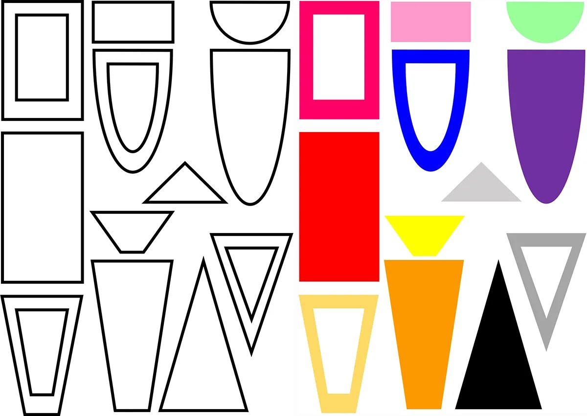 Planche graphique : formes de cols et d’empiècements, au trait et en aplats colorés