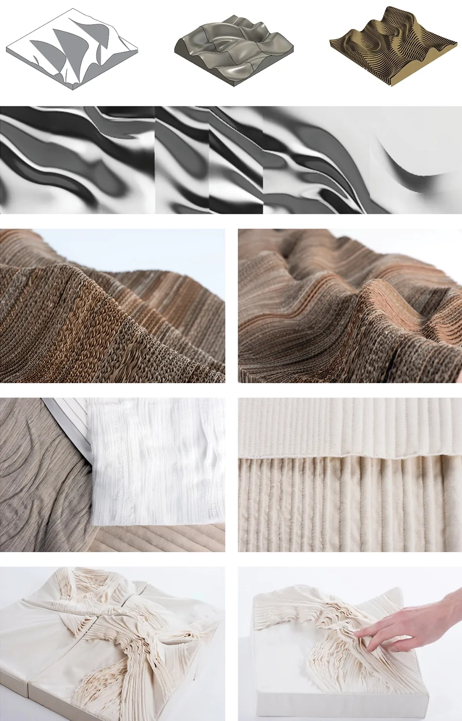 Planche : recherches numériques de reliefs, toiles moulées et matières textiles