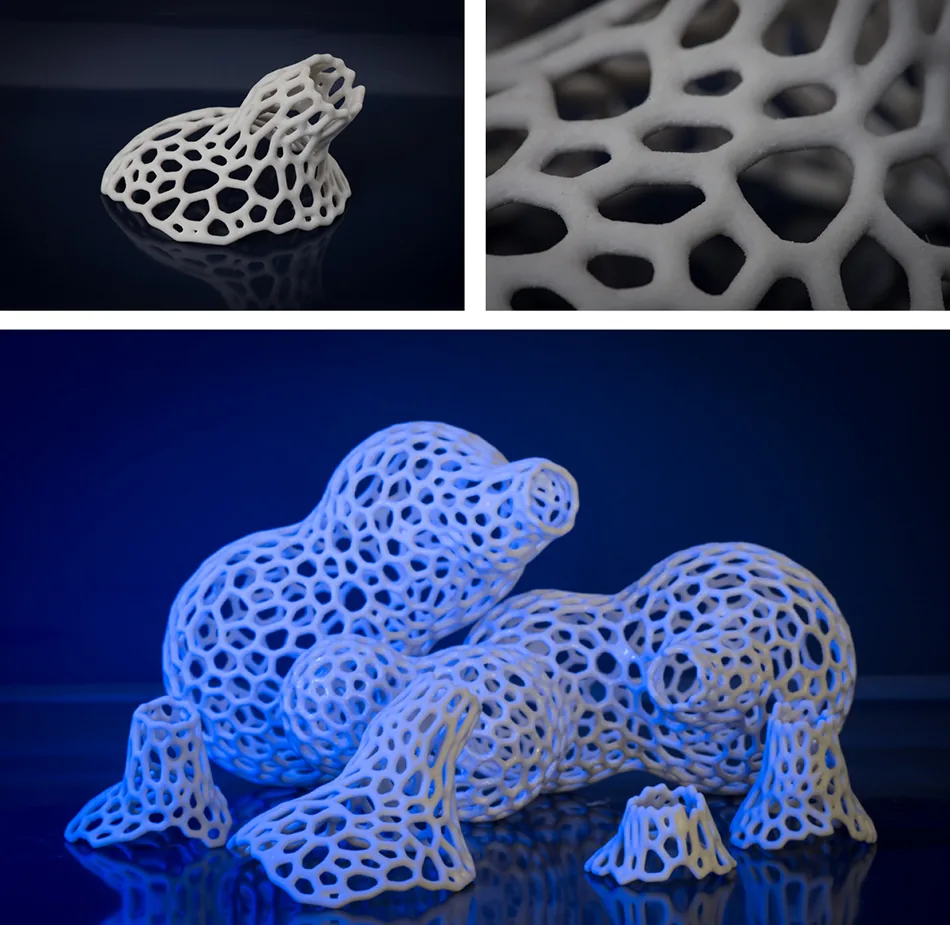 Planche : squelettes en résille imprimés en 3D, dont un sous lumière bleue