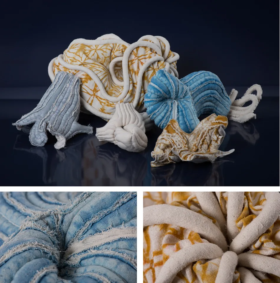 Planche : créatures textiles teintes naturellement et détails de coutures