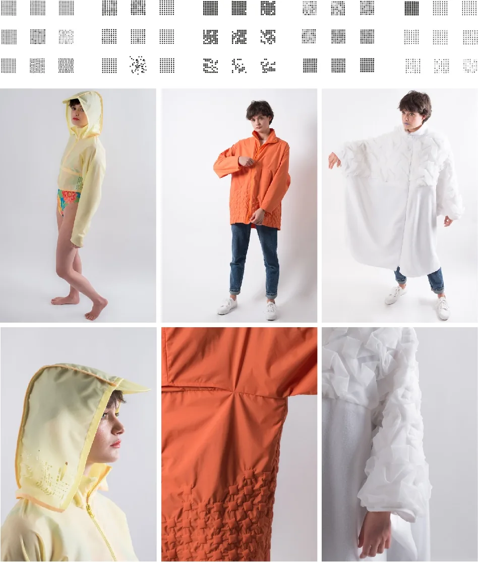 Planche : motifs générés et trois coupe-vent jaune, orange et blanc portés