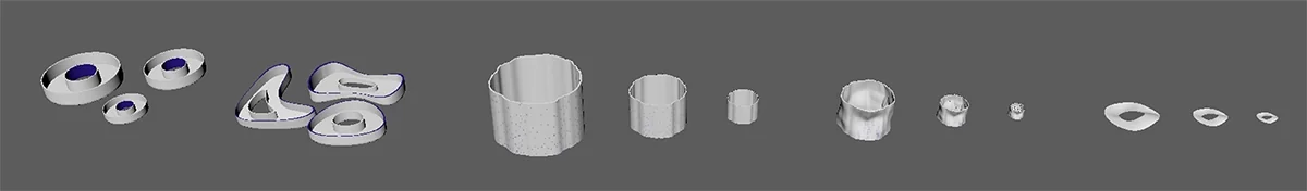 Frise des pièces en céramique, des anneaux aux formes décomposées