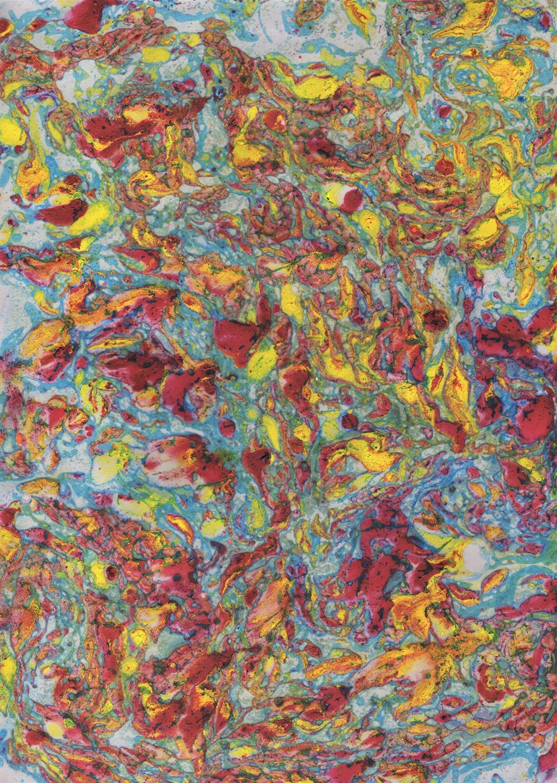 Marbrure multicolore dense : rouge, jaune et bleu
