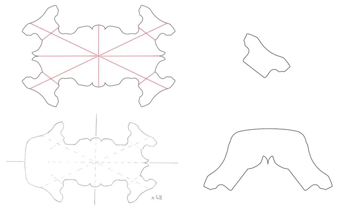 Patrons du module : tracés au crayon et lignes de pliage rouges
