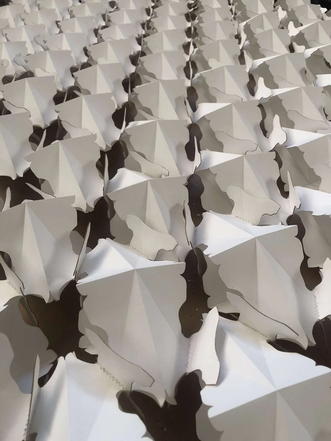 Décor assemblé : modules blancs en pointe et motifs noirs, vue rasante