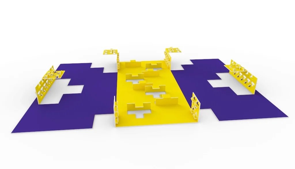 Maquette 3D en papier violet et jaune aux rabats découpés