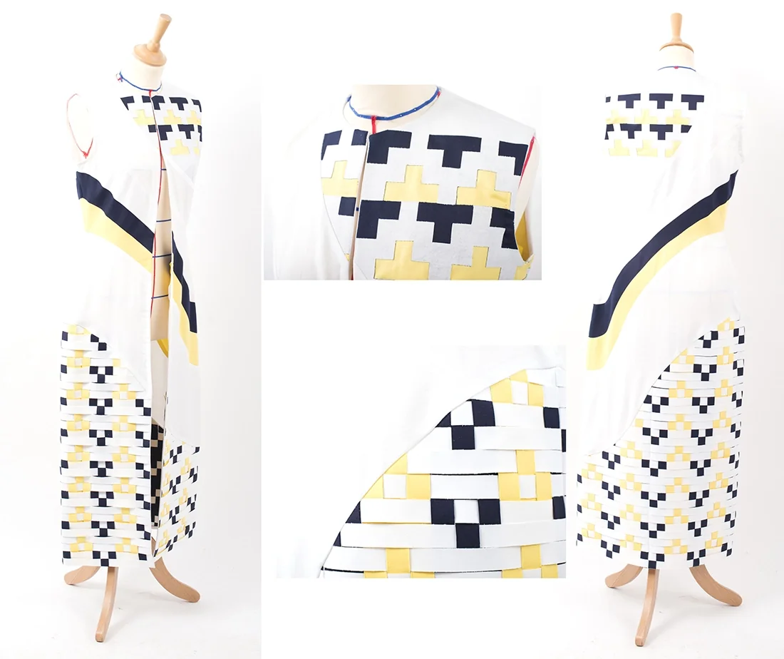Volume textile blanc à motifs géométriques jaunes et violets sur mannequin, quatre vues