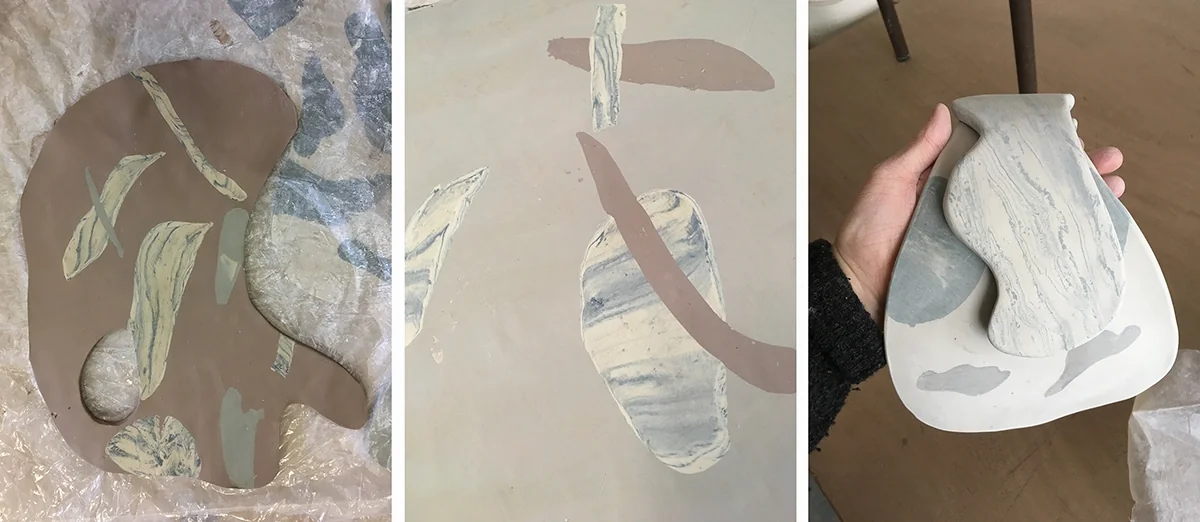 Formes reportées sur des plaques de faïence marbrée