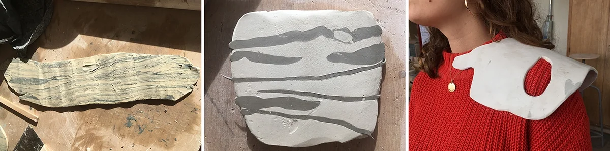 Plaques de terres mêlées découpées et col porté en faïence marbrée