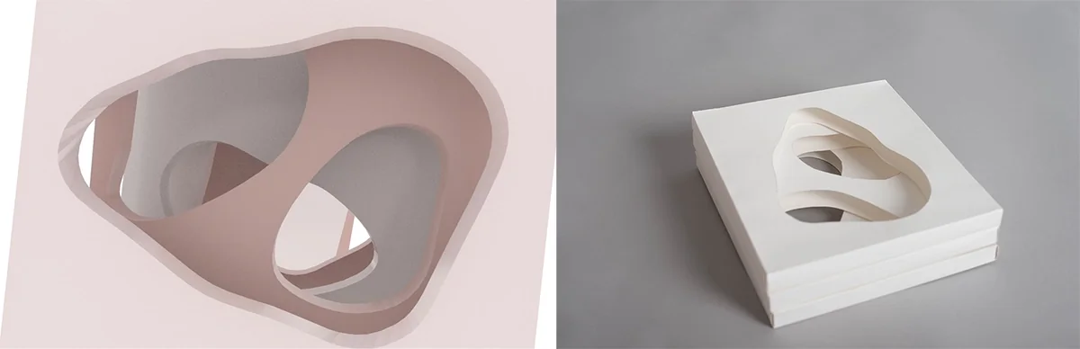 Rendus 3D d’une sculpture rose à strates creusées