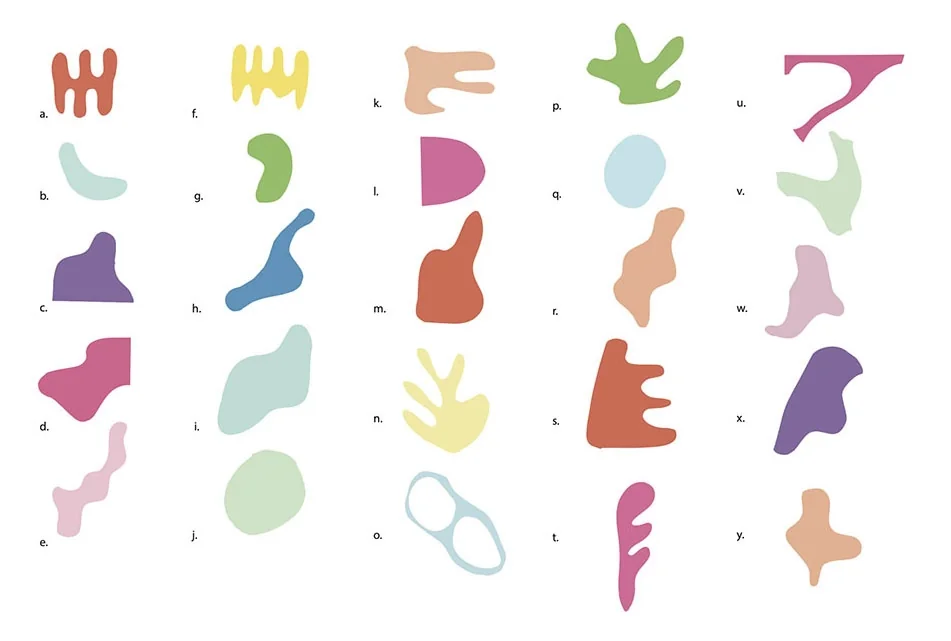 Laboratoire de formes : vingt-cinq silhouettes colorées découpées