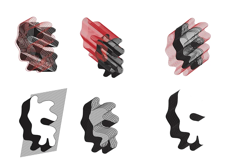 Rendu 3D de sculptures organiques rouge, bleue et blanche