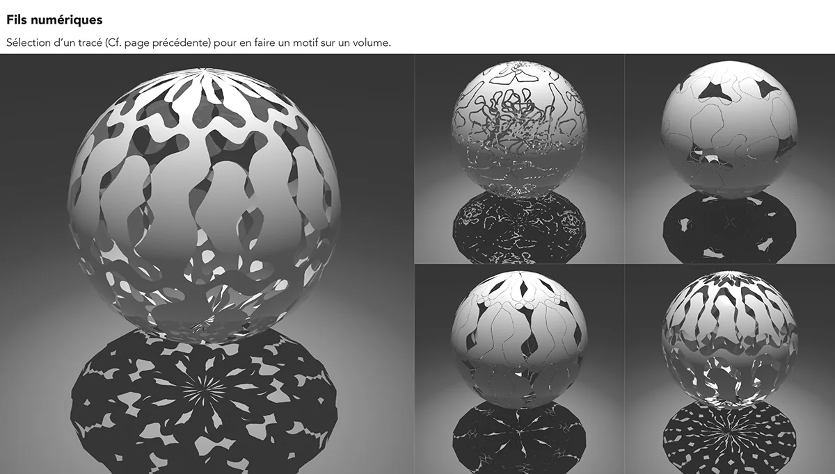 Planche « Fils numériques » : sphères 3D ajourées d’un motif tracé