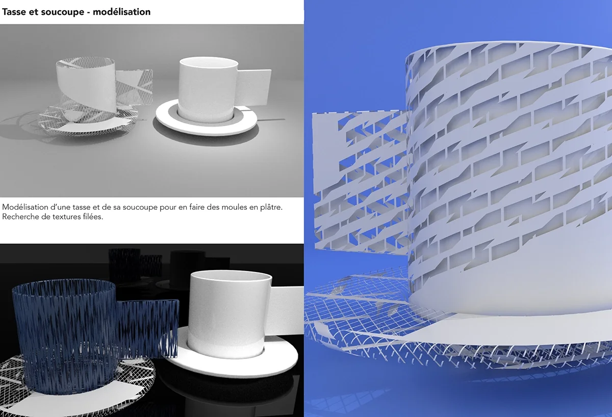 Planche « Tasse et soucoupe, modélisation » : rendus 3D d’une tasse à texture filaire
