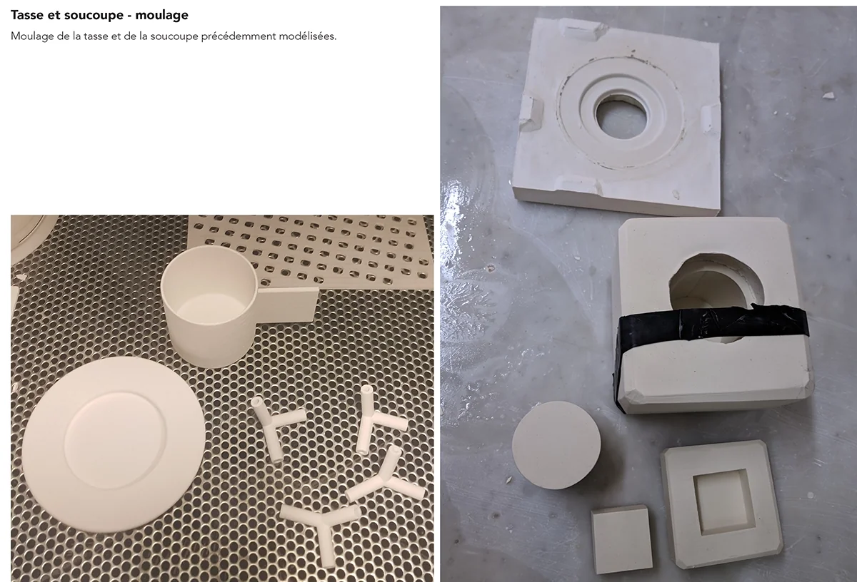 Planche « Tasse et soucoupe, moulage » : tasse, soucoupe et moules en plâtre