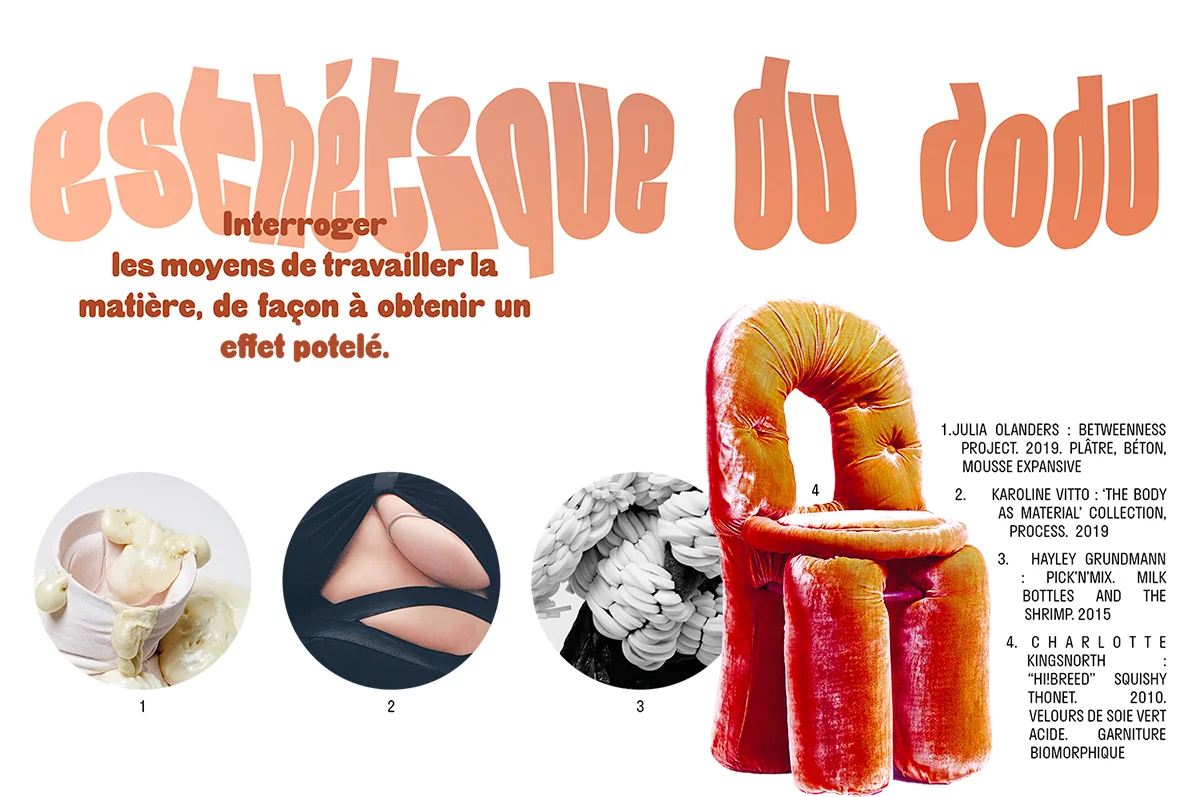 Planche « Esthétique du dodu » : références de volumes rembourrés et fauteuil potelé rouge