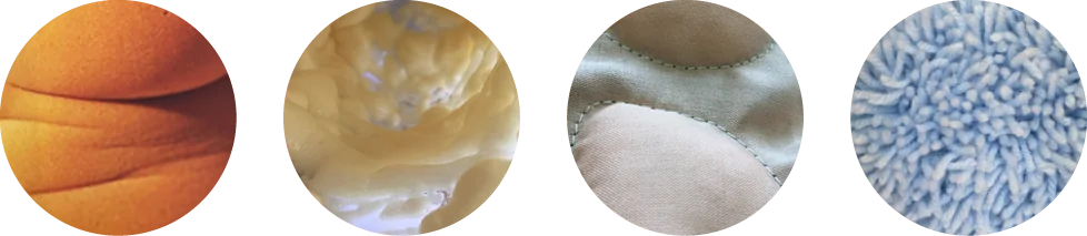 Bandeau de quatre détails de matières rebondies et rembourrées