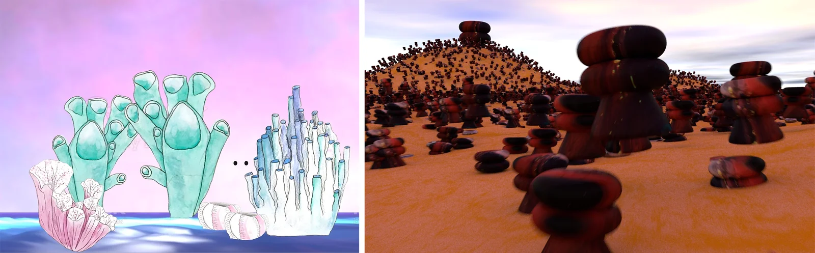 Deux paysages numériques : cristaux pastel et désert peuplé de formes céramiques