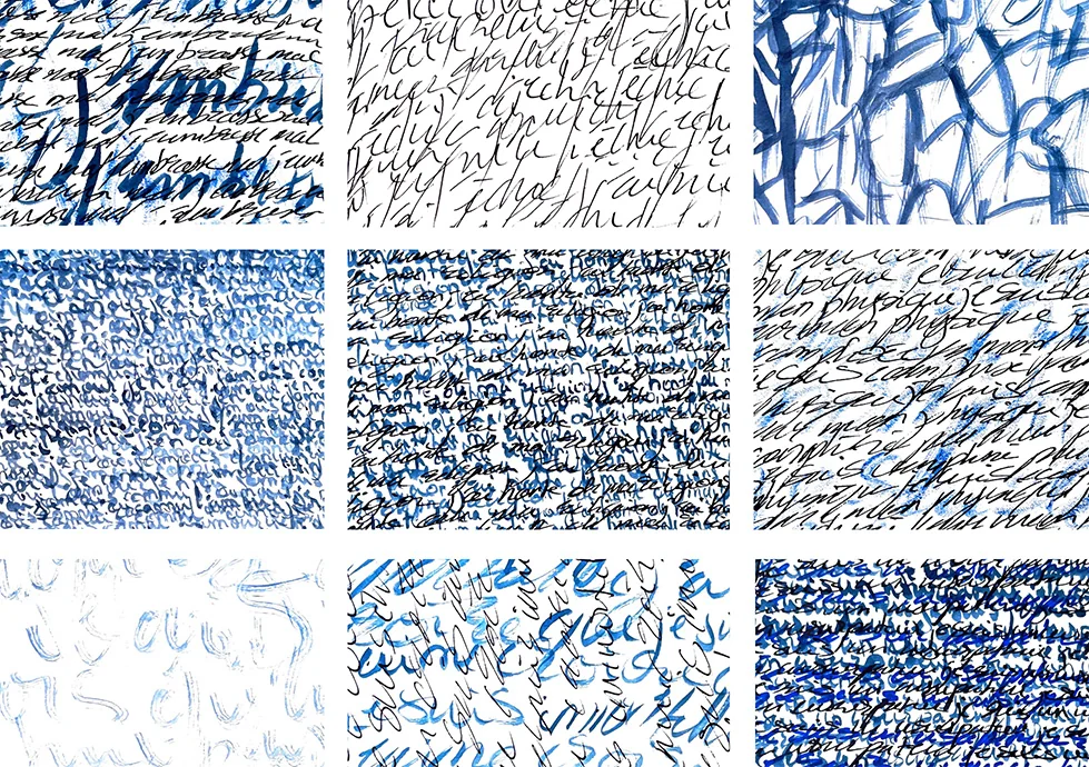 Neuf échantillons d’écritures manuscrites bleues, plus ou moins denses et lisibles