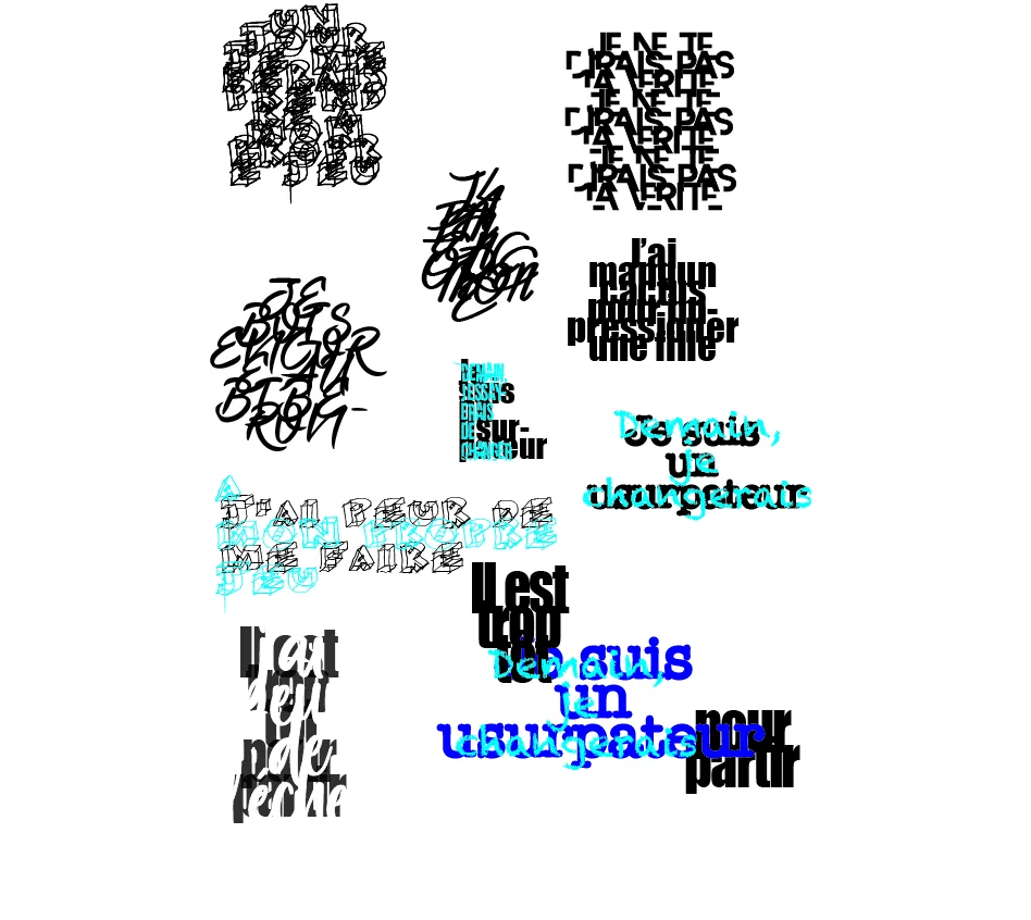 Planche de recherches typographiques : phrases aux lettres superposées, noires et bleues
