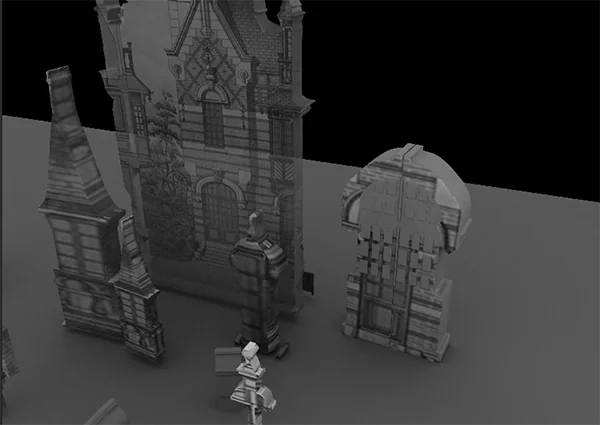 Modélisation 3D en niveaux de gris : façade et éléments de la maison