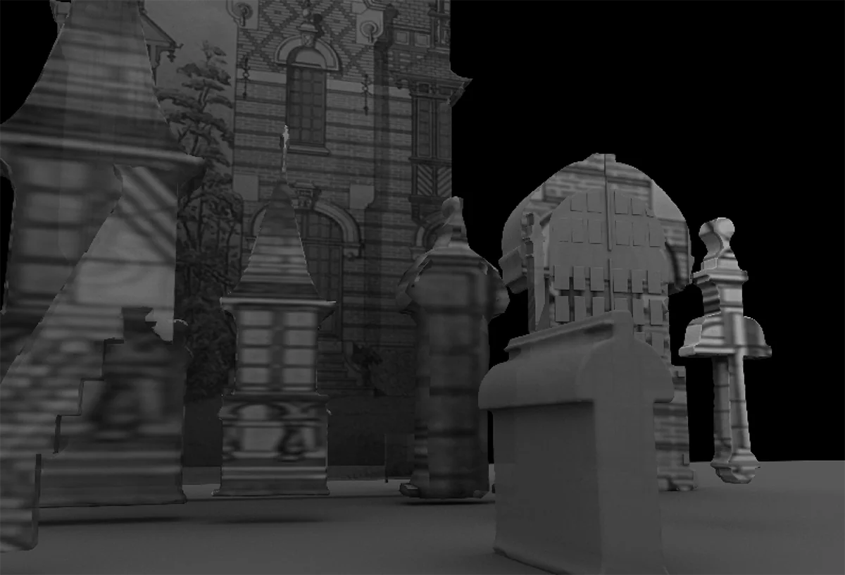 Modélisation 3D : façade de la maison et éléments isolés au premier plan
