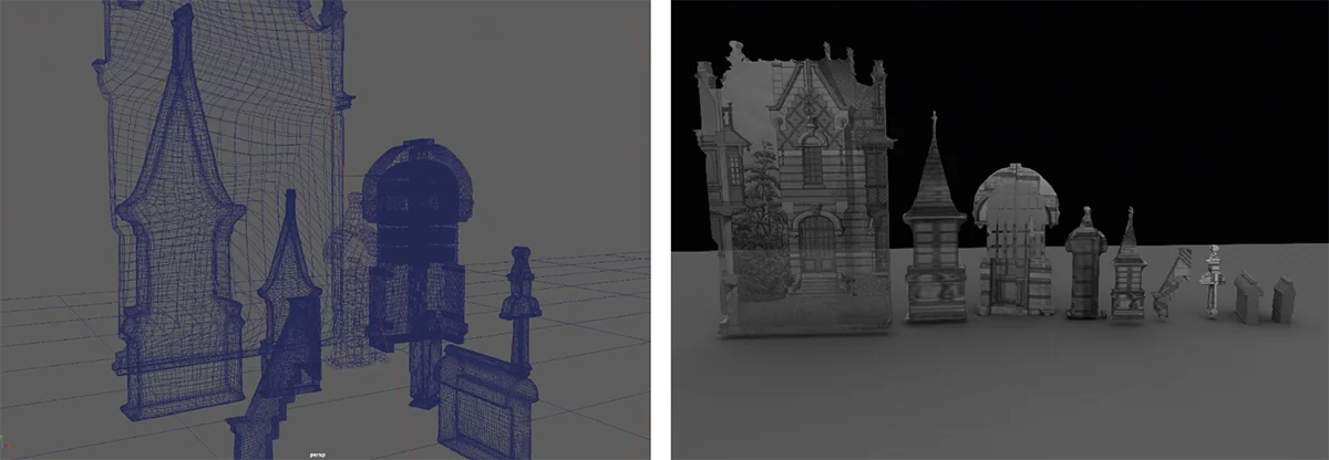 Modélisation 3D : vue filaire et rendu des éléments de façade alignés