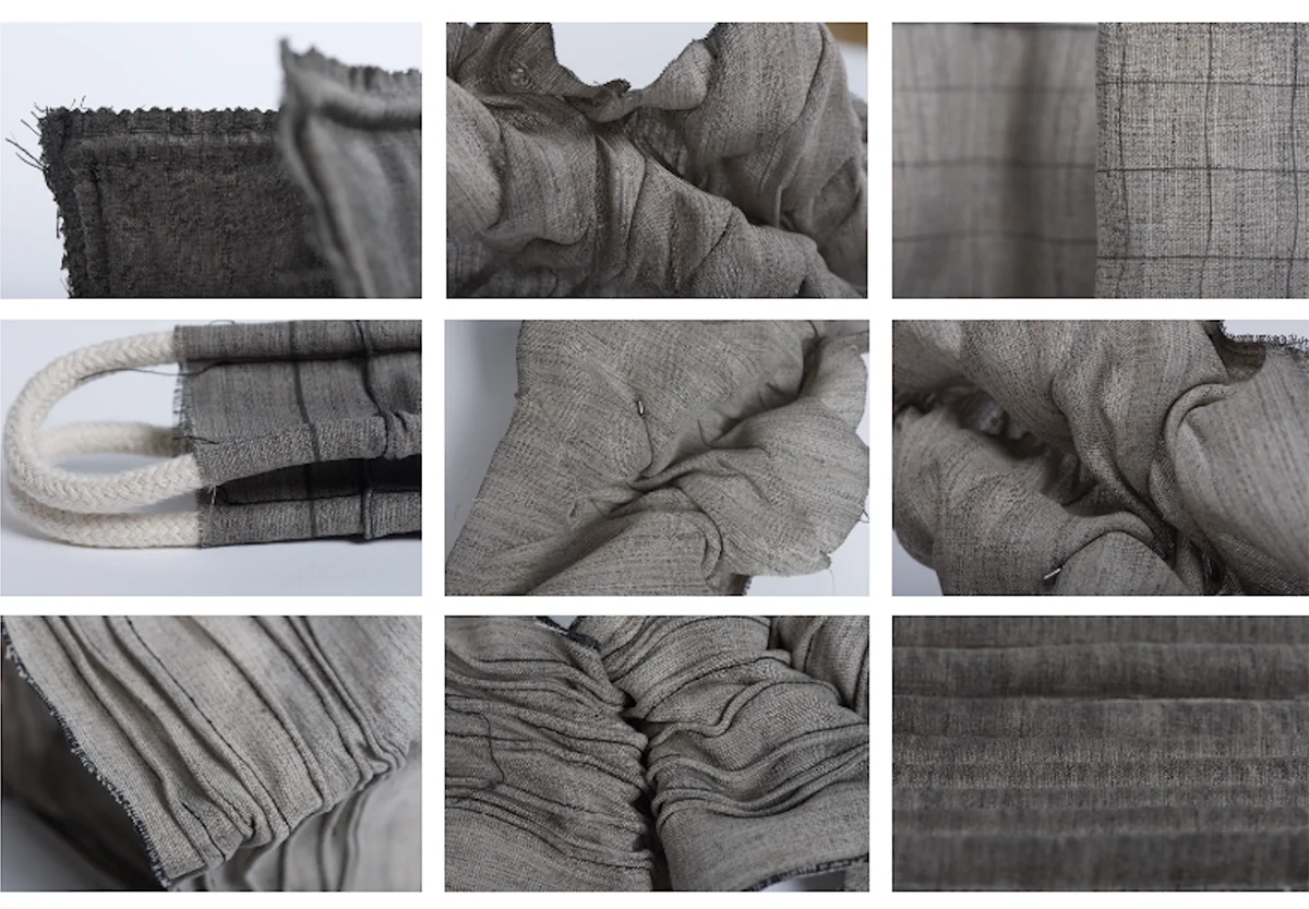 Neuf détails d’échantillons textiles en lin : plis, coutures et tressages