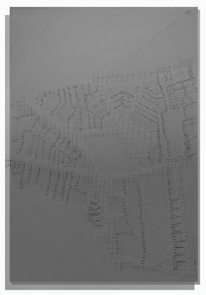 Plan de quartier brodé en fil noir sur une toile grise