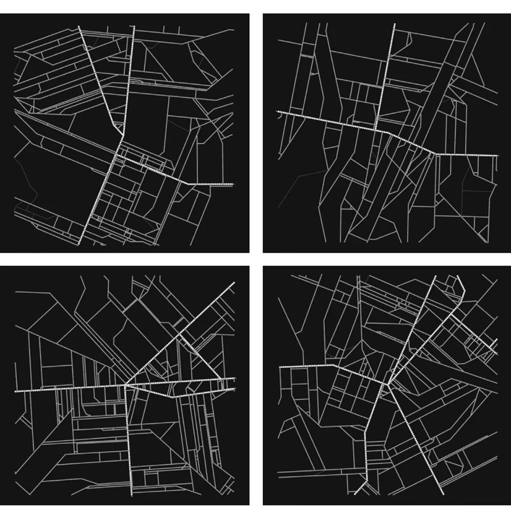 Quatre plans de rues blancs sur fond noir, générés par programme
