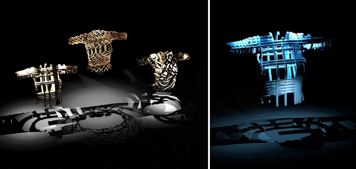 Rendus 3D de pièces tissées dorées et bleues mises en scène sur fond noir