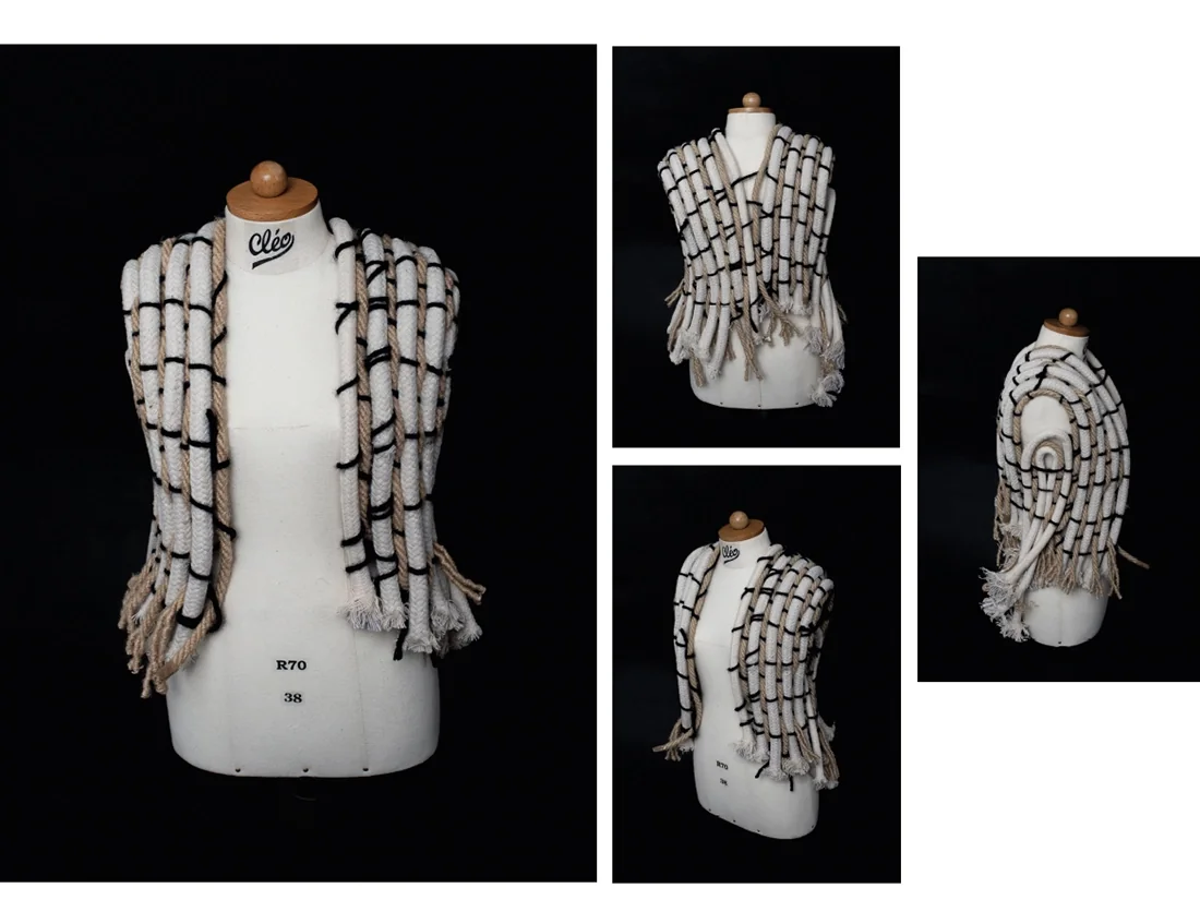 Pièce tissée en corde blanche et noire sur un buste de couture, quatre vues