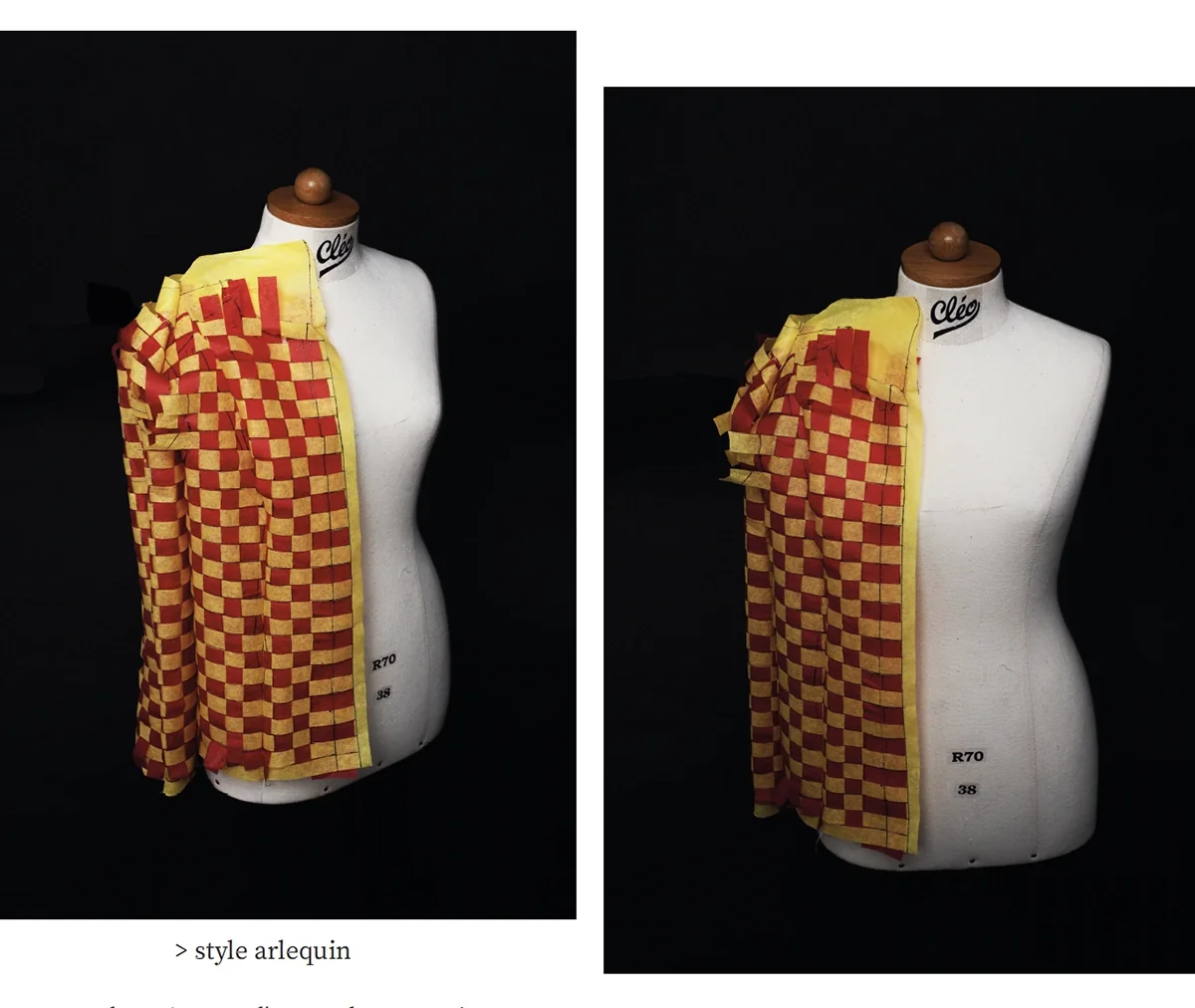 Pièce tissée à damier rouge et jaune sur un buste de couture, deux vues