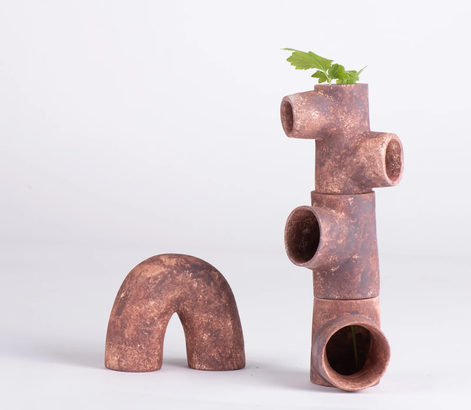 Arche et colonne en céramique rouille avec une plante