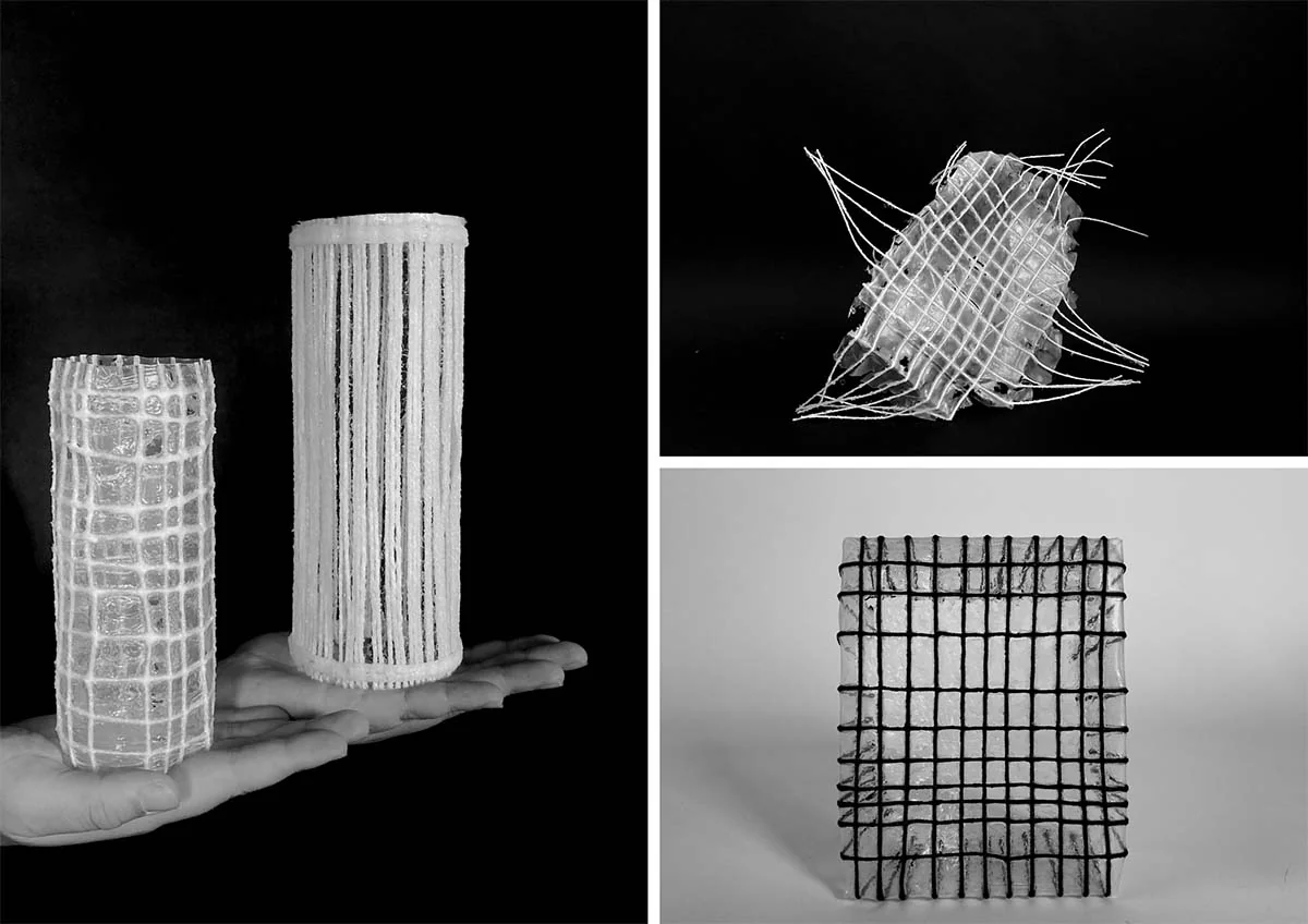 Pièces en fil à tricoter noir et blanc rigidifiées au Powertex