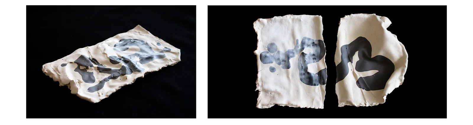 Papier céramique : plaques de grès blanc aux bords irréguliers, décorées de grès noir
