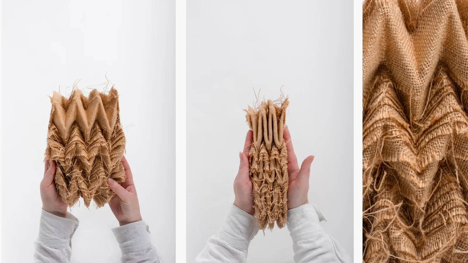 Petits échantillons de toile de jute plissée tenus dans les mains