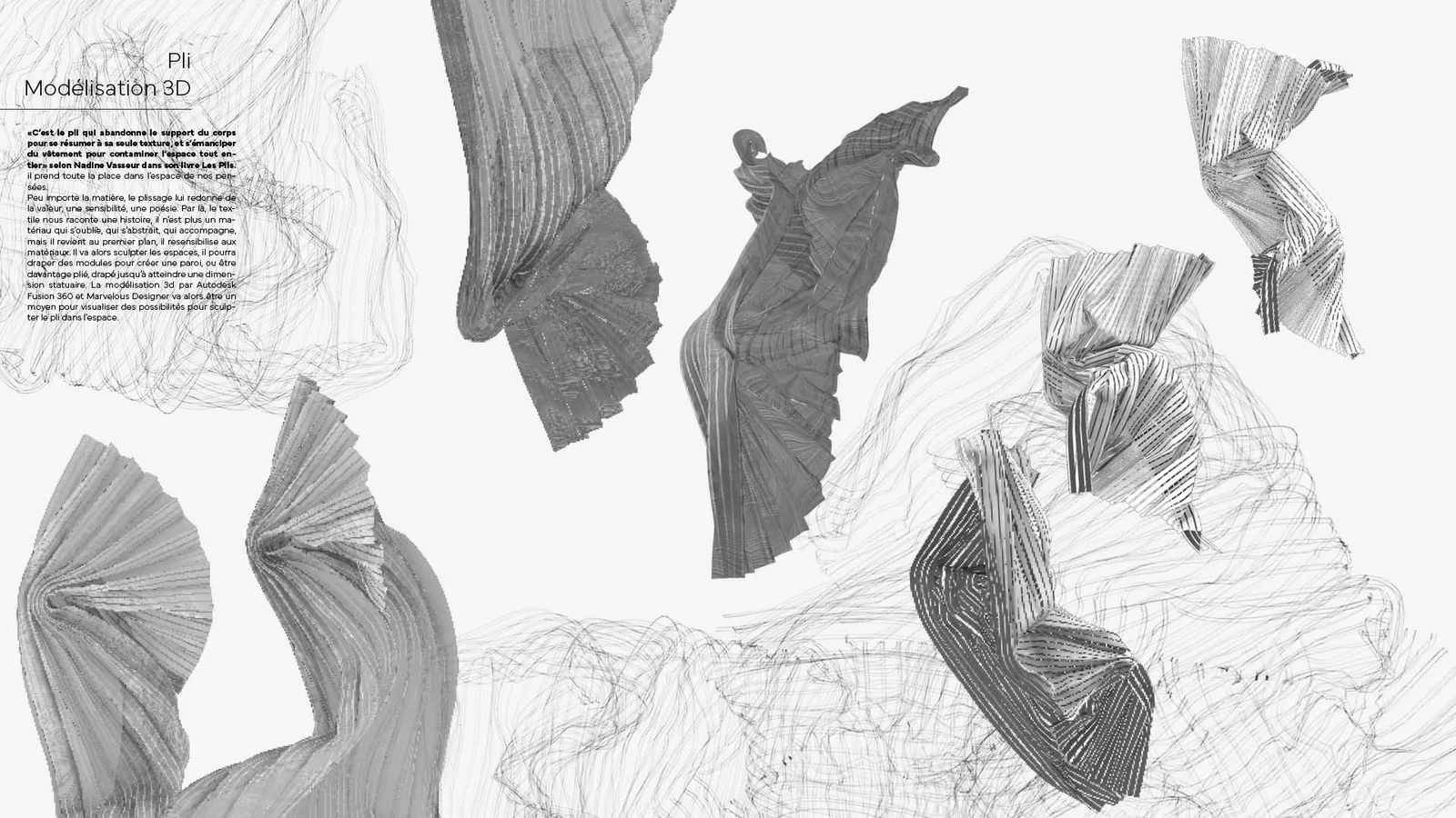 Planche « Pli et modélisation 3D » : formes plissées modélisées en noir et blanc