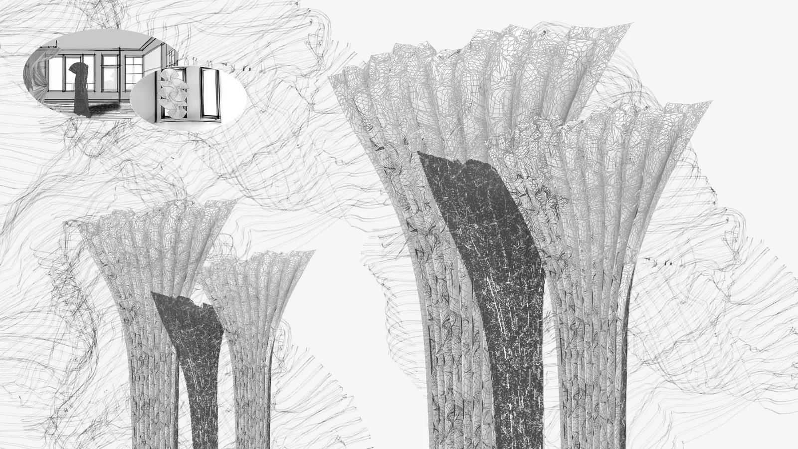 Modélisations de plis en noir et blanc et leur mise en espace