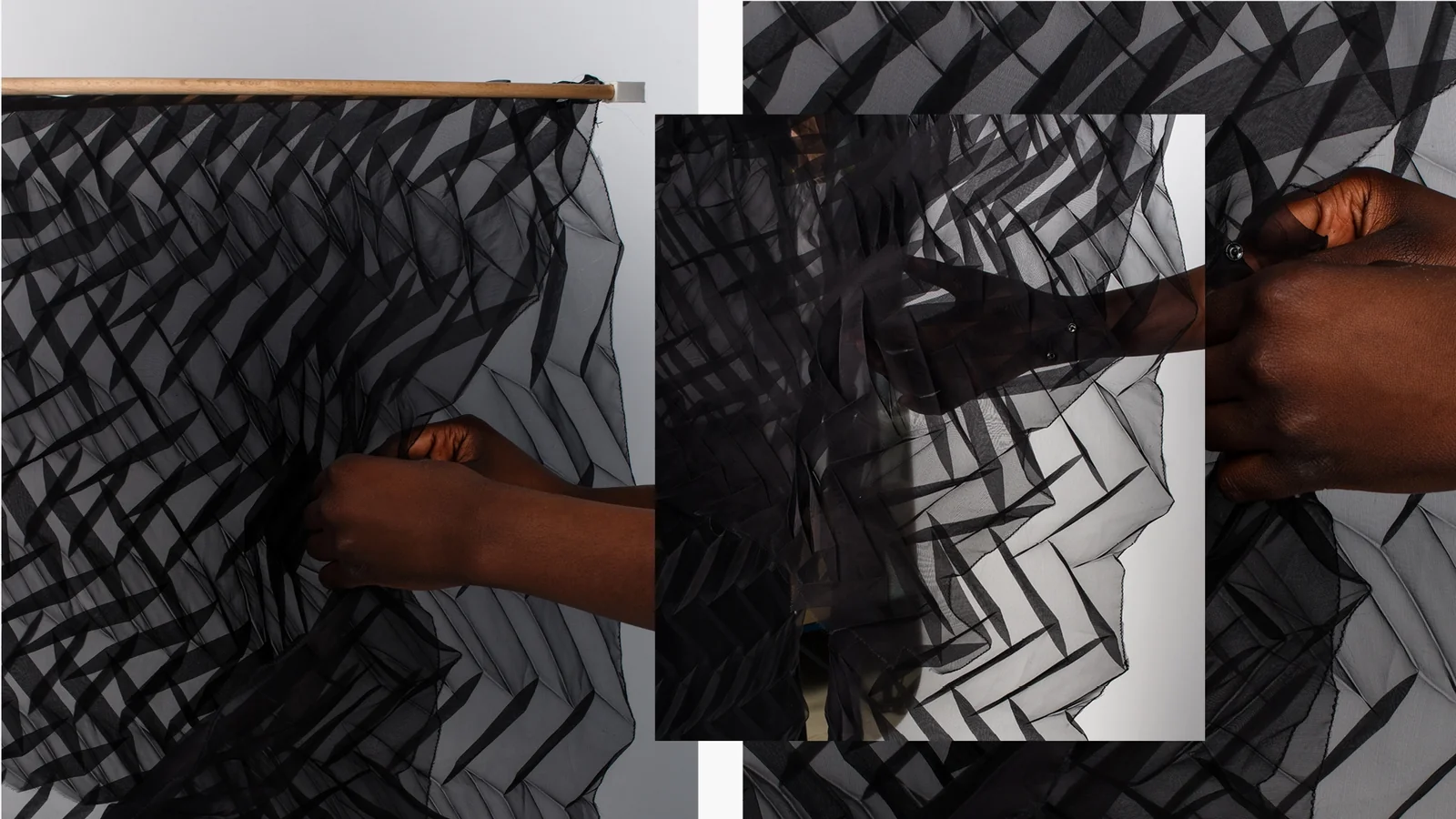 Organza noir plissé, gros plan sur les mains