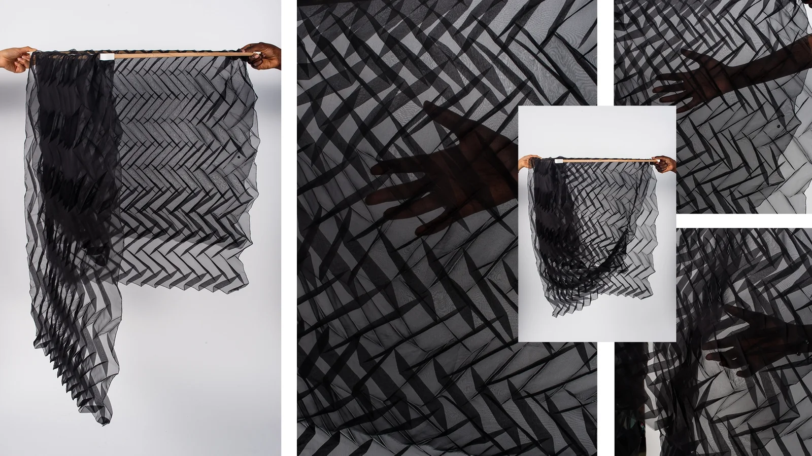 Organza noir plissé suspendu à une tringle