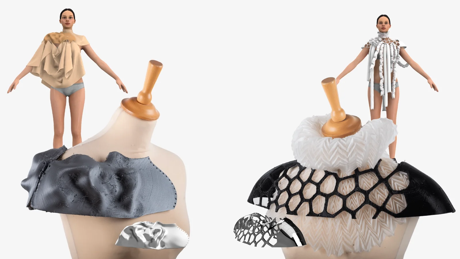 Plastrons imprimés en 3D posés sur des mannequins