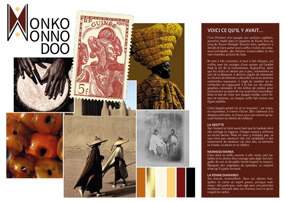 Planche d’intention : timbres, photographies d’archives, coiffes, textures et gamme de couleurs