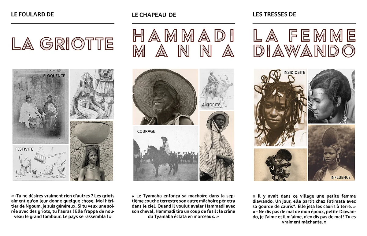 Archives des personnages : le foulard de la griotte, le chapeau de Hammadi Manna, les tresses de la femme diawando