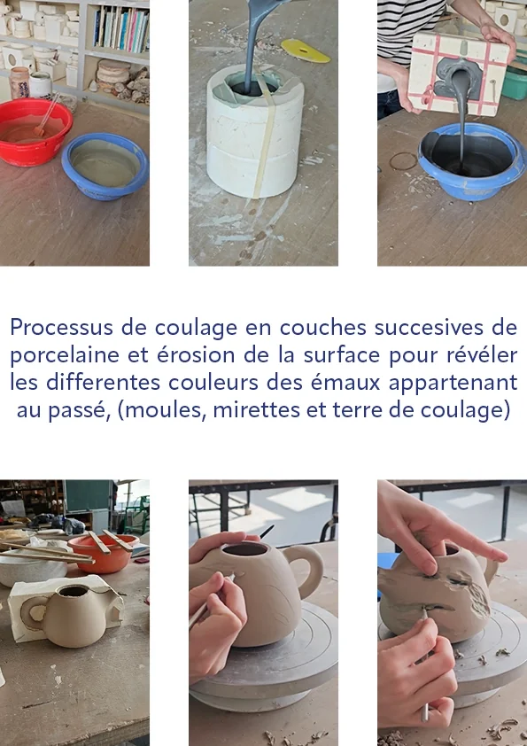 Processus de coulage en couches successives de porcelaine et érosion de la surface pour révéler les couleurs