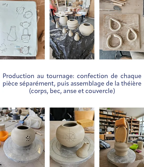 Production au tournage : confection de chaque pièce puis assemblage de la théière (corps, bec, anse, couvercle)