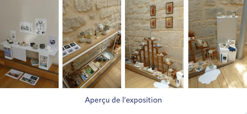 Vue d’exposition : théières, tasses et tests présentés à la mairie de Sèvres